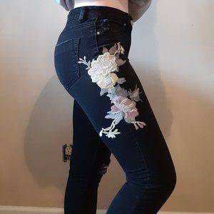Black Skinny High Rise Jeans with Floral Embroider